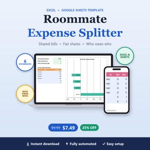Rumskamratsutgiftsdelare Google Sheets | Delade räkningar för delade utgifter, hyres- och elräkningsspårare, lägenhetsbudget, vem är skyldig vem