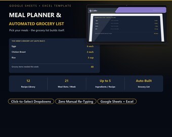Automated Meal Planner Grocery List | Google Sheets Excel Template