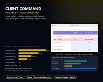 Freelance CRM Tracker | Client, Scope Creep, Ghost Client Alert (Excel/Sheets)