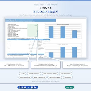 PARA Method Second Brain for Excel & Sheets | Knowledge Base with Automatic Decay Status Alert