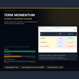 Può includere: Un modello digitale per Google Sheets ed Excel intitolato Term Momentum Student & Academic Planner. Include un'interfaccia di foglio di calcolo che monitora le ore di studio, i punteggi di preparazione e le barre di avanzamento per gli esami.