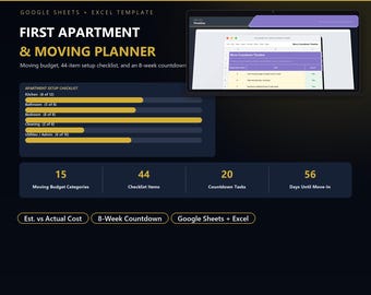 First Apartment Moving Budget for Google Sheets | Move-In Checklist with 8-Week Countdown Timeline