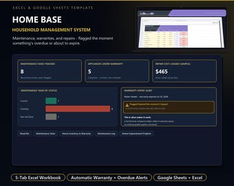 Home Maintenance Tracker for Excel & Sheets | Household Management System with Warranty Alerts