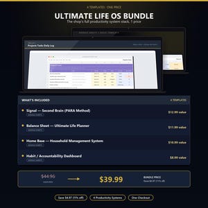 Puede incluir: Un paquete de productos digitales titulado Ultimate Life OS Bundle que incluye cuatro plantillas de productividad para Google Sheets y Excel. La pantalla muestra un portátil con un registro de tareas y una lista que incluye Signal, Balance Sheet, Home Base y Habit Dashboard.