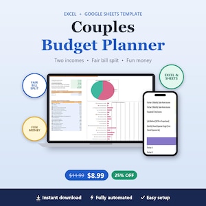 Pode incluir: Um modelo digital de planejador de orçamento para casais para Excel e Google Sheets. A tela mostra um laptop e um smartphone com gráficos financeiros, gráficos de pizza e listas de despesas. O texto inclui Couples Budget Planner, Fair Bill Split, Fun Money e Excel & Sheets. O layout tem um fundo azul claro com elementos de texto em azul escuro e branco.