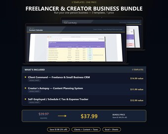 Freelancer & Creator Business Bundle | Client CRM, Content Planner / Schedule C Tax Tracker for Excel