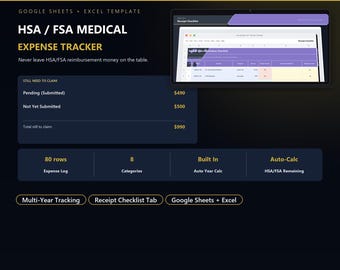 HSA FSA Medical Expense Tracker for Google Sheets | Reimbursement Log with Annual Dashboard