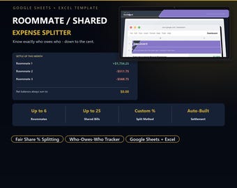 Roommate Expense Splitter for Google Sheets | Shared Bill Tracker with Settle Up Calculator