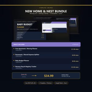 Puede incluir: Un paquete digital de cuatro plantillas de Google Sheets y Excel titulado New Home & Nest Bundle. Incluye un planificador de mudanza para primer apartamento, un divisor de gastos compartidos, un planificador de presupuesto y un rastreador.
