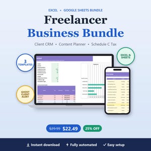 Op de afbeelding: Een digitaal Freelancer Business Bundle voor Excel en Google Sheets met een laptop en smartphone die een dashboard, contentplanner en klant-CRM tonen. Bevat tekst: Excel + Google Sheets Bundle, 3 Templates, Ghost Client Alert.