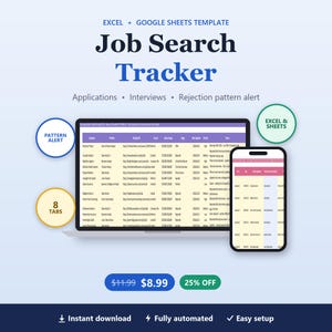 Jobzoektracker voor Excel en Google Sheets | Interviewlogboek met waarschuwing voor afwijzingspatronen