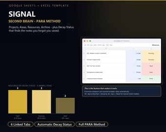 PARA Method Second Brain for Excel & Sheets | Knowledge Base with Automatic Decay Status Alert