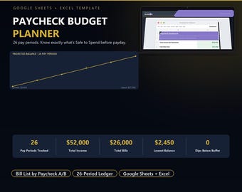 Paycheck Budget Planner for Google Sheets | Biweekly Bill Calendar with Safe to Spend Tracker