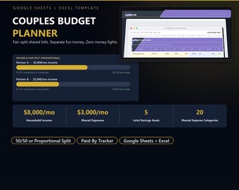 Couples Budget Planner | Fair Bill Split, Fun Money Tracker (Google Sheets + Excel)