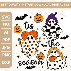 Puede incluir: Un archivo gráfico digital que presenta tres fantasmas con peinados y patrones distintos, incluyendo lunares naranjas, cuadros blancos y negros, y lunares negros, acompañados de calabazas, murciélagos y el texto 'tis the season'.