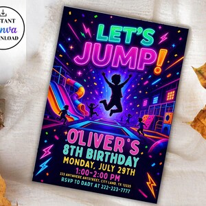 Puede incluir: Una tarjeta de invitación de cumpleaños rectangular con un gráfico estilo neón de niños saltando en trampolines. El texto dice LET'S JUMP!, OLIVER'S 8TH BIRTHDAY, MONDAY, JULY 29TH, 1:00-2:00 PM, 223 ANYWHERE ANYSTREET, CITY LAND, YX 13335, RSVP TO DADY AT 222-223-7777.