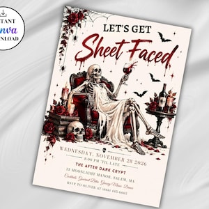 Może przedstawiać: Zaproszenie na imprezę w stylu Halloween z szkieletem siedzącym na czerwonym krześle i trzymającym kieliszek wina. Tekst brzmi LET'S GET Sheet Faced, WEDNESDAY, NOVEMBER 28 2026, 8:00 PM TIL LATE, THE AFTER DARK CRYPT, 13 MOONLIGHT MANOR, SALEM, MA.