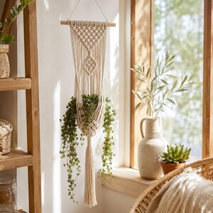 Boho Makramé Växthängare, Handgjord Väggdekoration i Bomullsrep, Skandinavisk Hängande Krukhållare, Minimalistisk Heminredning Gåva