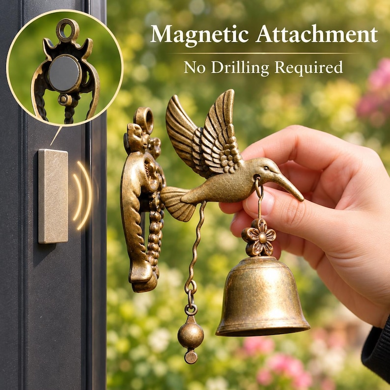 Magnetic animal door bell attaching to compatible metal surface