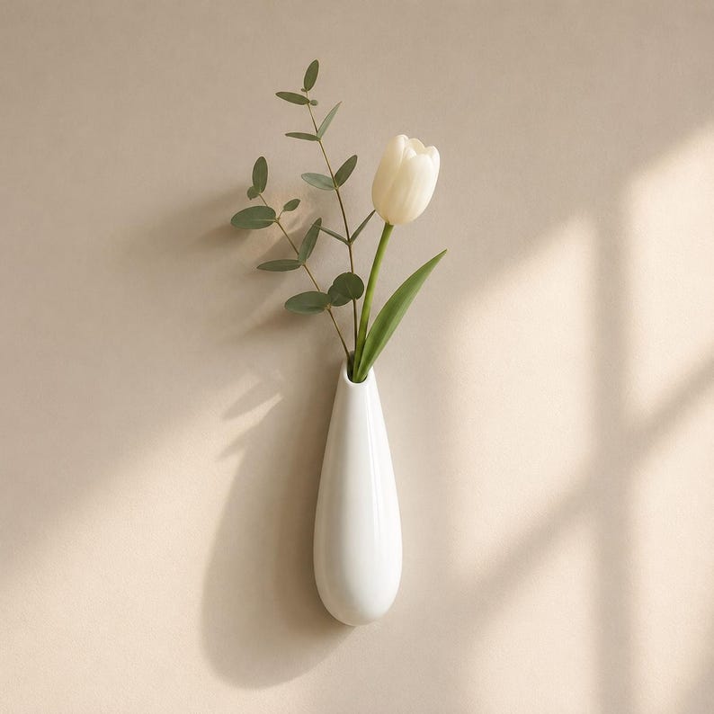 以下が含まれることがあります： 白い涙型の壁掛け用花瓶に、白いチューリップ一輪と緑のユーカリの枝が挿されています。陶器製の容器は滑らかで光沢のある仕上げで、上部に狭い開口部があり、平らな壁面に取り付けられるように設計されています。