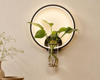 Moderne Pflanzenwandleuchte, LED-Ringlicht mit Hydrokulturvase, biophile Wanddekoration, Japandi-Wandleuchte, Schwarz oder Weiß