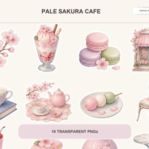 Może przedstawiać: Cyfrowa kolekcja zatytułowana PALE SAKURA CAFE zawierająca 16 przezroczystych plików PNG z akwarelowymi ilustracjami, w tym gałązki wiśni, deser lodowy, makaroniki, witrynę kawiarni, filiżankę na książce, czajniczek oraz krzesło.