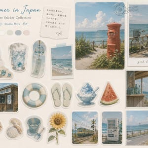 May include: A collection of Summer in Japan photo stickers featuring a red post box, a bicycle by the sea, a beach shack, a blue lifebuoy, flip-flops, shaved ice, a watermelon slice, a sunflower, a crab, seashells, and a train.