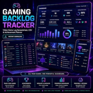 May include: A digital gaming backlog tracker dashboard displayed on a laptop and smartphone screen. The interface features neon purple and blue graphics, including charts, game lists, achievement progress, and statistics for tracking video games.