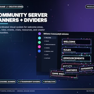 Op de afbeelding: Een digitale grafische set getiteld Community Server Banners + Dividers, Product 09. Bevat 24 kanaalbanners en 8 transparante verdelers in een donker thema met neonaccenten. Tekst bevat Welcome, Rules, Announcements, Events, Partners en Giveaways.