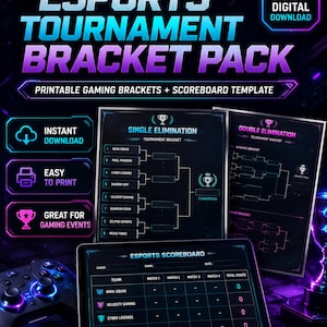 Esports Tournament Bracket Pack, Printable Gaming Brackets, Scoreboard & Organizer Kit Digital Download