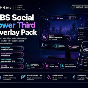 OBS Social Lower Third Overlay Pack | Instant Download | MiGame Digital Template Pack