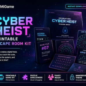 Puede incluir: Un kit de escape room imprimible titulado Cyber Heist que incluye un informe de misión, terminal de acceso, archivo de pistas, rueda de códigos y hoja de descifrado. El diseño utiliza un fondo oscuro con texto y gráficos en azul y rosa neón.