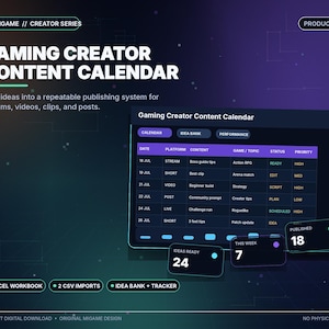 May include: A digital Gaming Creator Content Calendar template featuring a dark purple interface with a table for tracking dates, platforms, content, topics, status, and priority. Includes summary cards for ideas, weekly tasks, and published content counts.