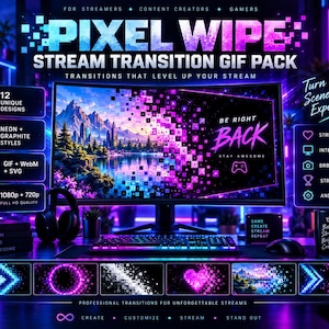 Może przedstawiać: Cyfrowa prezentacja produktu dla pakietu GIF-ów przejść strumieniowych Pixel Wipe zawierająca 12 unikalnych wzorów w stylach neonowym i grafitowym. Ekran pokazuje krajobraz z efektem pikselowego przejścia oraz tekst Be Right Back Stay Awesome.