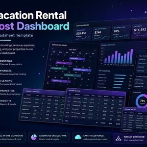 Modèle Excel de tableau de bord pour l'hôte d'une location de vacances : revenus, dépenses, ménage et gestion de la propriété