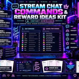 May include: A digital stream chat commands and reward ideas kit featuring a laptop displaying command lists, printed workbooks, a mug with text, and headphones. The design uses a neon purple and blue colour scheme with icons and text overlays.