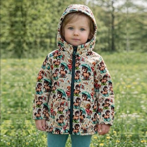 Puede incluir: Una chaqueta beige con capucha que presenta un patrón repetitivo de ponis de dibujos animados con botas de lluvia y paraguas. La chaqueta tiene una cremallera frontal de color verde oscuro, mangas largas y dos bolsillos delanteros.