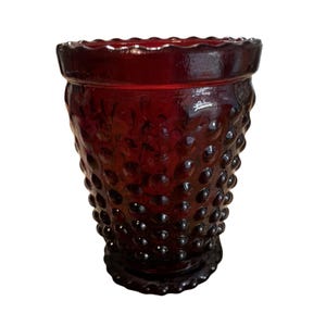 Ruby Red Hobnail Glass toothpick holder with Scalloped Rim. 3" tall Vintage 059