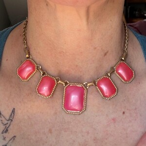 Unsigned Vintage Pink Moonglow Necklace, 1960s Thermoset Plastic Rectangular Link Jewelry, Retro Costume Statement Choker