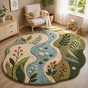 Puede incluir: Una alfombra de forma orgánica irregular con un diseño texturizado y copetudo que presenta un camino central azul similar a un río, rodeado de secciones en crema y verde decoradas con motivos botánicos en relieve, incluyendo ramas con hojas y bayas naranjas.