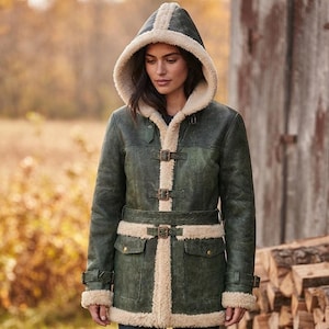May include: A dark green hooded coat featuring a cream-coloured faux shearling lining, three front buckle closures, a matching waist belt, two flap pockets, and adjustable buckle straps at the cuffs, paired with dark blue denim jeans.