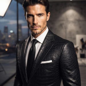 Puede incluir: Un blazer negro con un patrón texturizado de piel de cocodrilo, usado sobre una camisa blanca de cuello rígido y una corbata negra lisa. El blazer presenta una solapa con muesca y un pequeño pañuelo blanco en el bolsillo izquierdo del pecho.