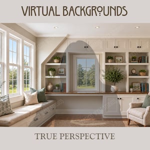 Könnte beinhalten: Eine digitale Innenszene mit einem eingebauten Bücherregal mit Schränken, einer Fensterbank mit Kissen und einem einzelnen Sessel. Der Text VIRTUAL BACKGROUNDS und TRUE PERSPECTIVE ist oben bzw. unten im Bild zu sehen.