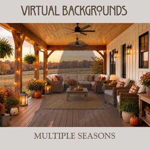 Op de afbeelding: Een digitale afbeelding van een overdekte veranda met rieten meubels, een houten plafond met twee plafondventilatoren, lichtsnoeren en potplanten. De tekst VIRTUAL BACKGROUNDS en MULTIPLE SEASONS staat bovenaan en onderaan.