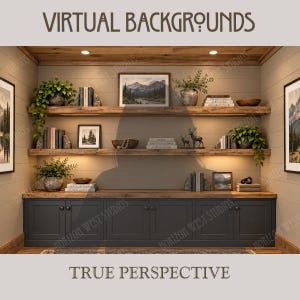 May include: A digital image of a room interior featuring dark grey base cabinets with a wood countertop, two long wooden floating shelves, and two framed landscape pictures on the walls. The shelves hold potted plants, books, and decor items.