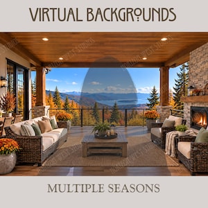 Może przedstawiać: Cyfrowy obraz zatytułowany VIRTUAL BACKGROUNDS MULTIPLE SEASONS przedstawiający zadaszone patio z meblami wiklinowymi, drewnianym stolikiem kawowym i kamiennym kominkiem. Scena ukazuje górski krajobraz z jeziorem i jesiennymi drzewami.