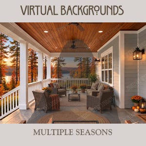 Puede incluir: Un fondo virtual digital que muestra un porche cubierto con muebles de mimbre, techo de madera y vista a un lago rodeado de árboles otoñales. El texto VIRTUAL BACKGROUNDS y MULTIPLE SEASONS aparece en la parte superior e inferior.
