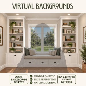 May include: A digital image titled VIRTUAL BACKGROUNDS featuring a white built-in window seat with drawers, flanked by two tall bookshelves filled with books, potted plants, and decor. A large window overlooks a green lawn.