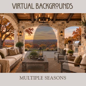 Può includere: Uno sfondo virtuale digitale che mostra un patio in pietra con un tavolino in legno, un divano beige e poltrone. La scena si affaccia su un paesaggio con alberi autunnali al tramonto. Il testo VIRTUAL BACKGROUNDS e MULTIPLE SEASONS è visibile.