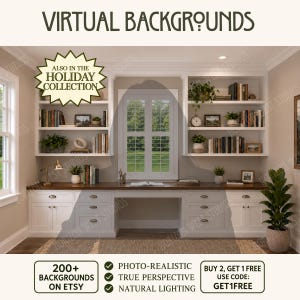 May include: A digital virtual background featuring a home office with white built-in bookshelves, a dark wood desk, and a central window. Text reads VIRTUAL BACKGROUNDS, ALSO IN THE HOLIDAY COLLECTION, 200+ BACKGROUNDS ON ETSY, and BUY 2, GET 1 FREE.